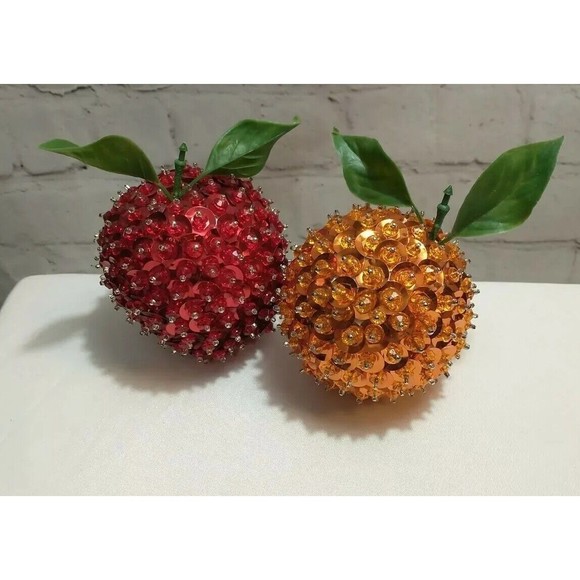 Vintage Push Pin Sequined Apple & Orange Christmas Fruit Decorations - Picture 2 of 6